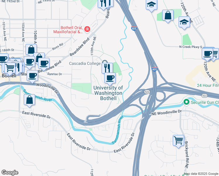 map of restaurants, bars, coffee shops, grocery stores, and more near 18220 Campus Way Northeast in Bothell