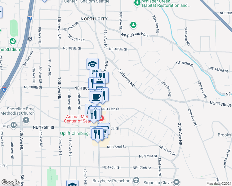 map of restaurants, bars, coffee shops, grocery stores, and more near 1540 Northeast 177th Street in Shoreline