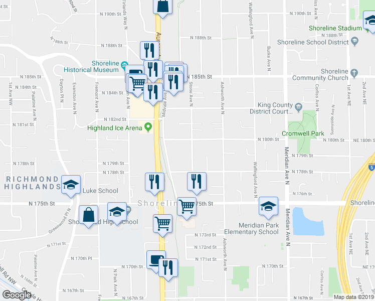 map of restaurants, bars, coffee shops, grocery stores, and more near 17821 Stone Avenue North in Shoreline