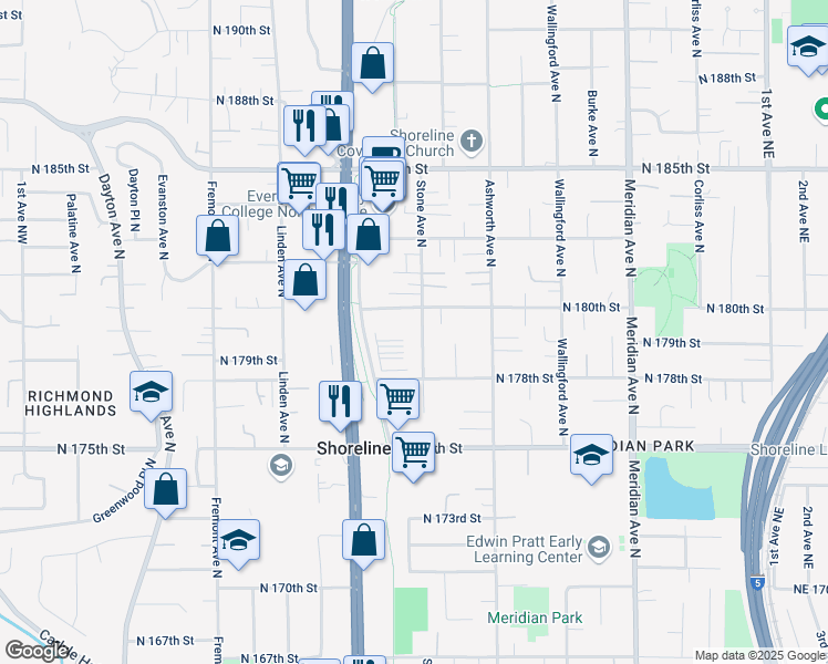 map of restaurants, bars, coffee shops, grocery stores, and more near 17821 Stone Avenue North in Shoreline