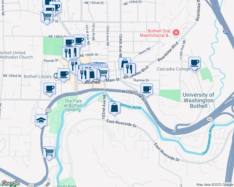 map of restaurants, bars, coffee shops, grocery stores, and more near in Bothell