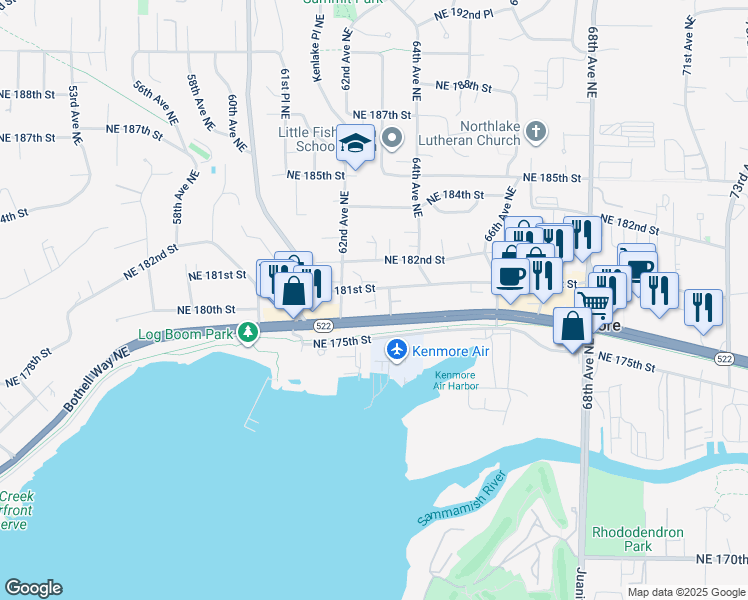 map of restaurants, bars, coffee shops, grocery stores, and more near 6230 Bothell Way Northeast in Kenmore