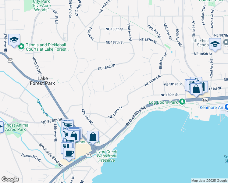 map of restaurants, bars, coffee shops, grocery stores, and more near 5115 Northeast 180th Street in Lake Forest Park