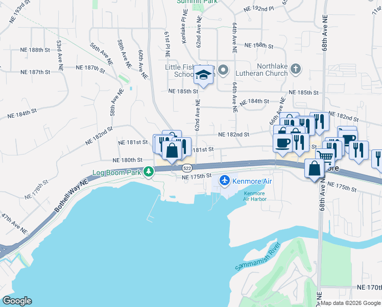 map of restaurants, bars, coffee shops, grocery stores, and more near 18023 62nd Avenue Northeast in Kenmore