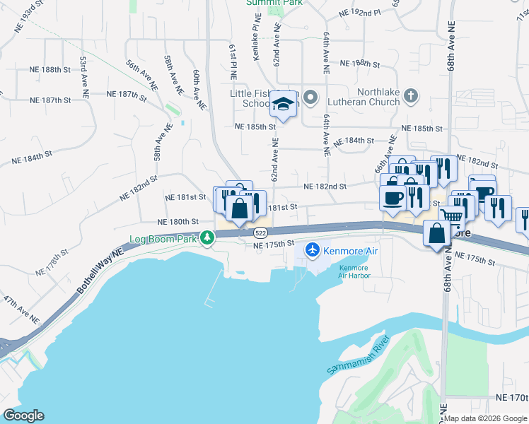 map of restaurants, bars, coffee shops, grocery stores, and more near 18023 62nd Avenue Northeast in Kenmore