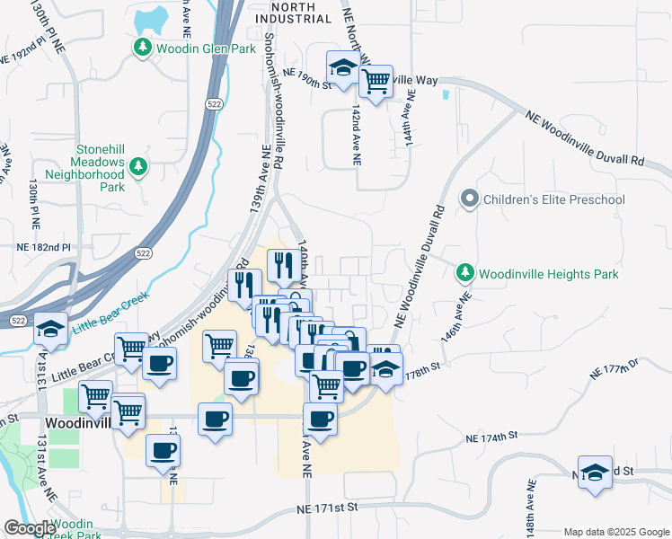 map of restaurants, bars, coffee shops, grocery stores, and more near 14057 Northeast 181st Street in Woodinville
