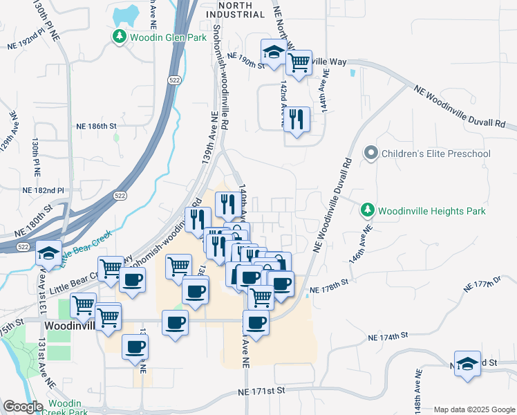 map of restaurants, bars, coffee shops, grocery stores, and more near 14007 Northeast 181st Street in Woodinville