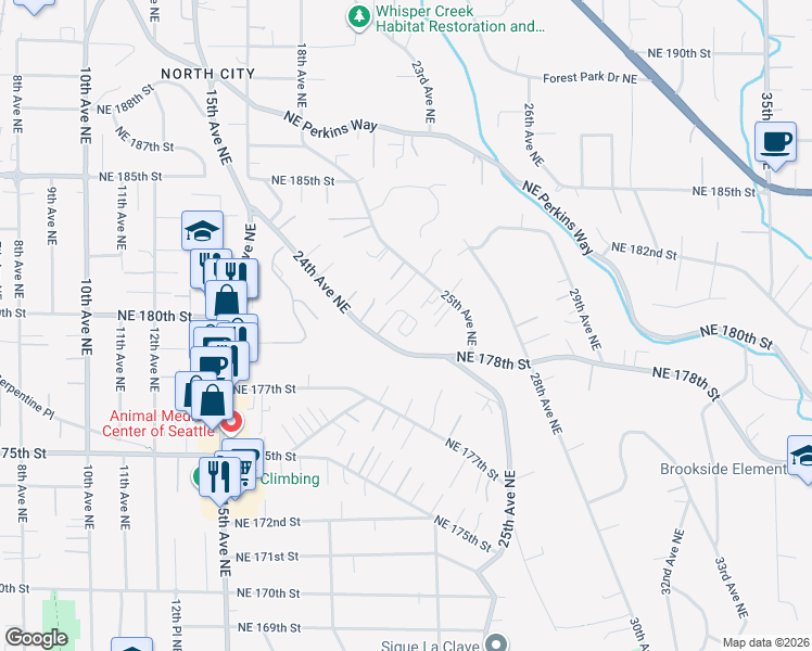 map of restaurants, bars, coffee shops, grocery stores, and more near 2420 Northeast 178th Street in Shoreline