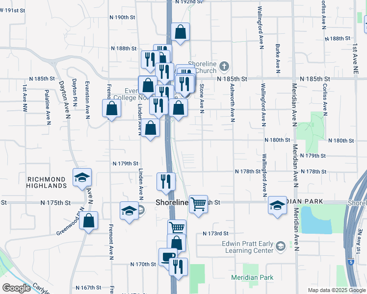 map of restaurants, bars, coffee shops, grocery stores, and more near in Shoreline