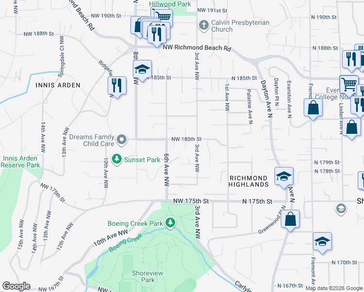 map of restaurants, bars, coffee shops, grocery stores, and more near 501 Northwest 178th Place in Shoreline