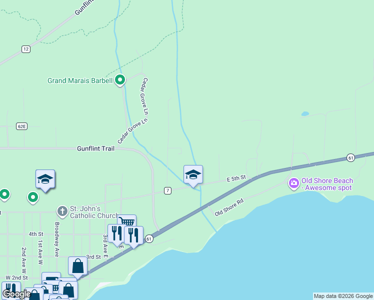 map of restaurants, bars, coffee shops, grocery stores, and more near 890 Seventh Avenue East in Grand Marais
