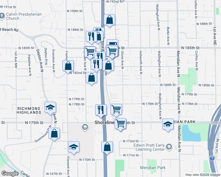 map of restaurants, bars, coffee shops, grocery stores, and more near 17990 Midvale Avenue North in Shoreline