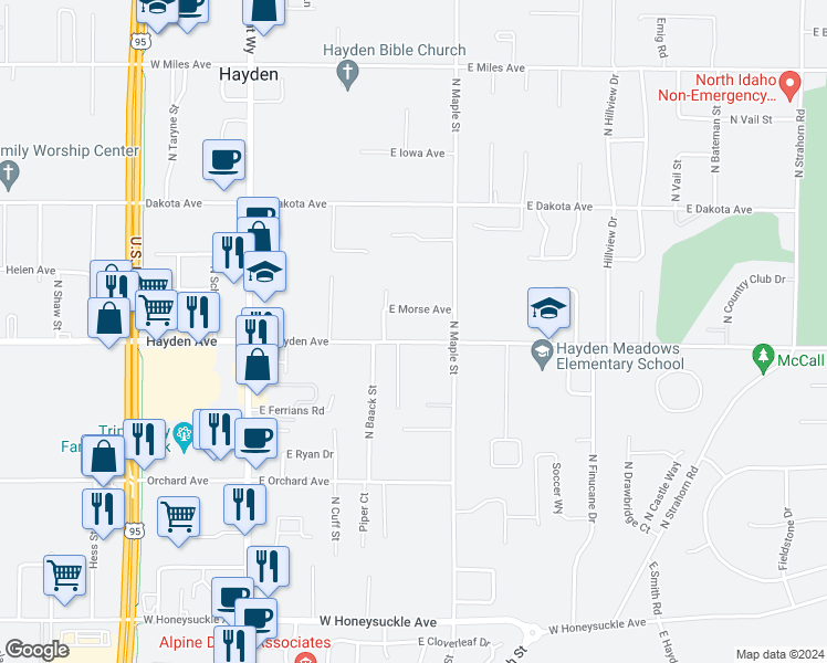 map of restaurants, bars, coffee shops, grocery stores, and more near 537 East Morse Avenue in Hayden