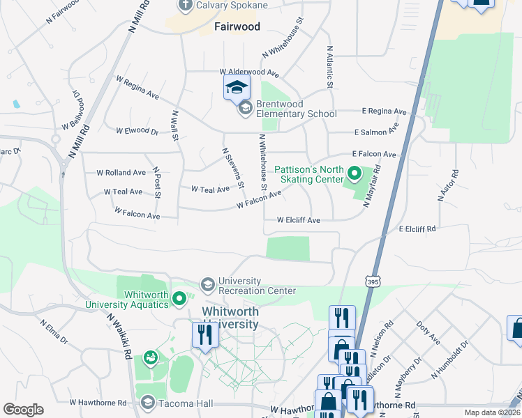 map of restaurants, bars, coffee shops, grocery stores, and more near 12129 North Riverwood Drive in Spokane