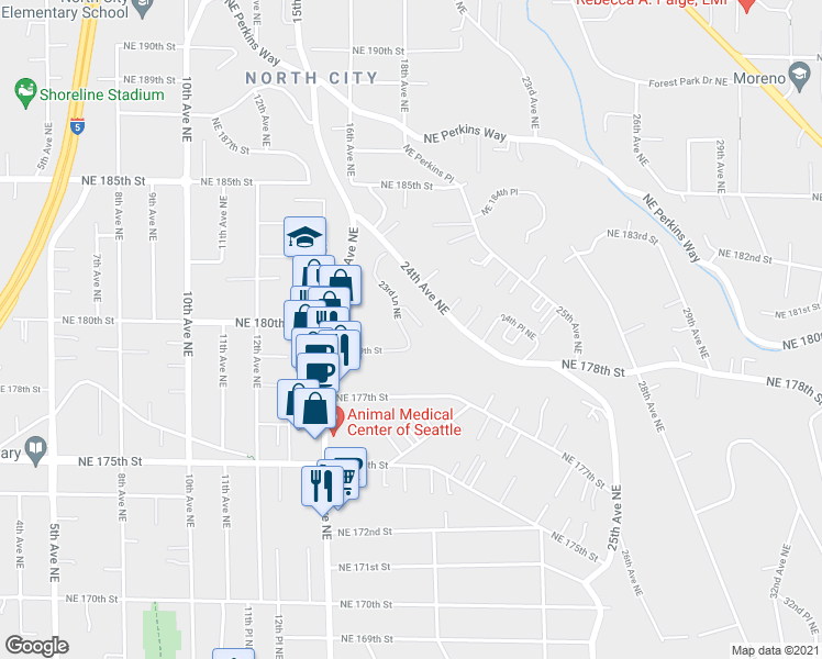 map of restaurants, bars, coffee shops, grocery stores, and more near 18121 24th Avenue Northeast in Shoreline