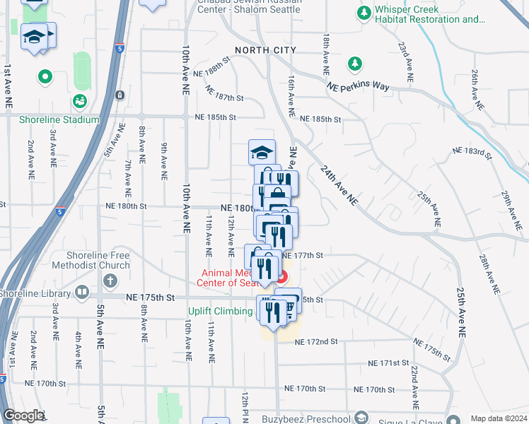 map of restaurants, bars, coffee shops, grocery stores, and more near 18026 14th Avenue Northeast in Shoreline