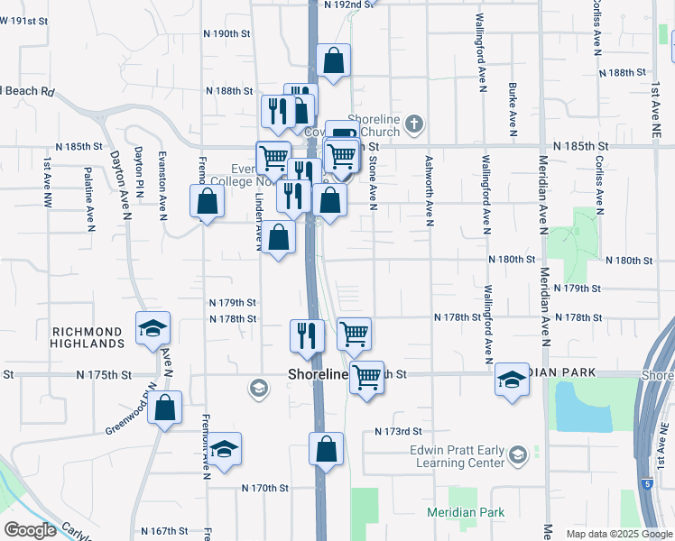 map of restaurants, bars, coffee shops, grocery stores, and more near 1122 North 180th Street in Shoreline