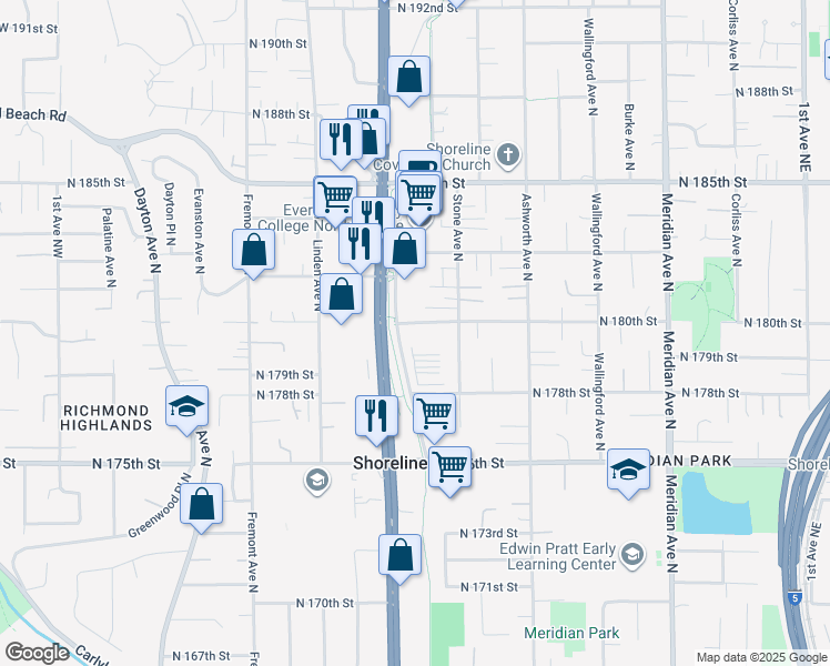map of restaurants, bars, coffee shops, grocery stores, and more near 1122 North 180th Street in Shoreline