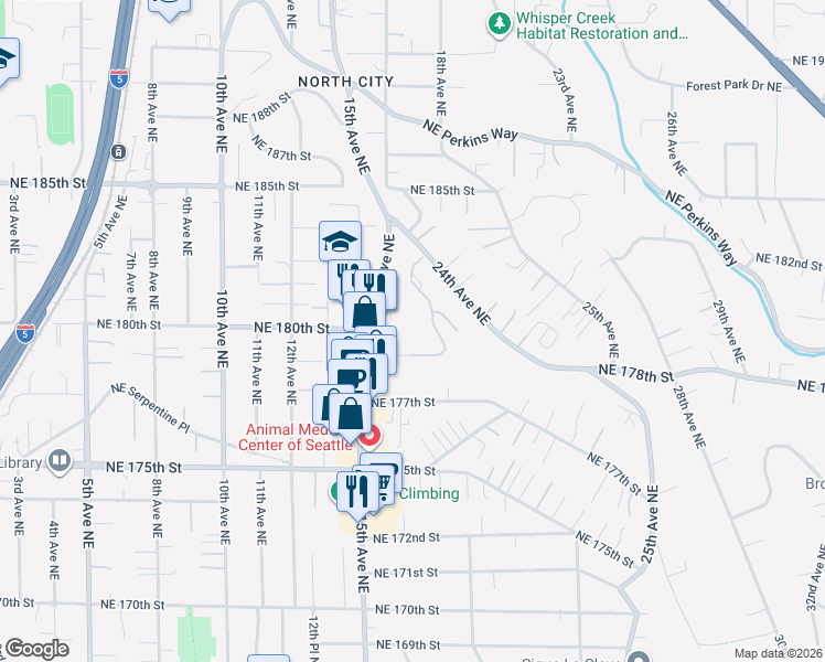 map of restaurants, bars, coffee shops, grocery stores, and more near 18008 15th Avenue Northeast in Shoreline