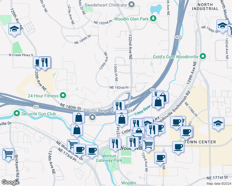 map of restaurants, bars, coffee shops, grocery stores, and more near 18221 130th Place Northeast in Bothell