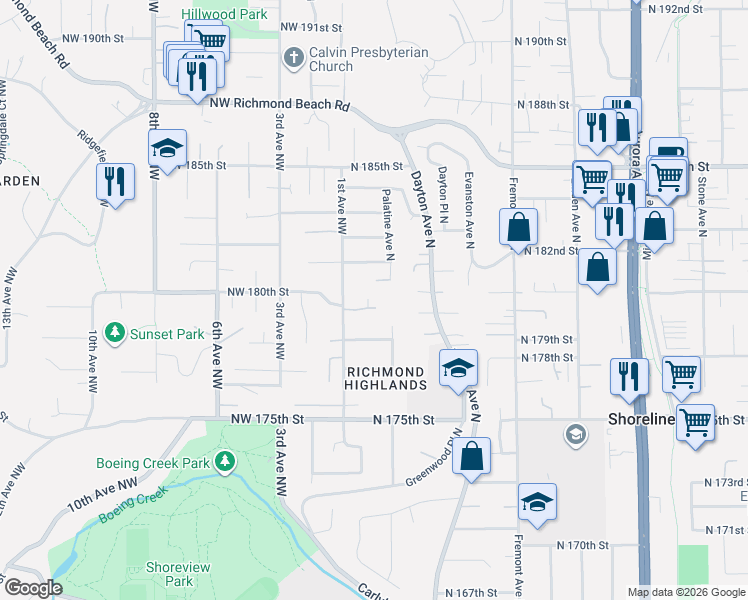 map of restaurants, bars, coffee shops, grocery stores, and more near 802 Palatine Avenue North in Shoreline