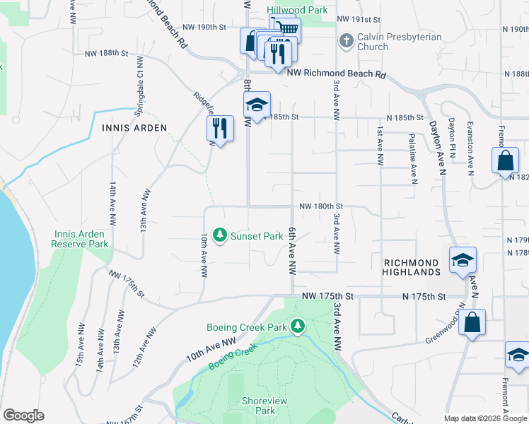 map of restaurants, bars, coffee shops, grocery stores, and more near 630 Northwest 180th Street in Shoreline