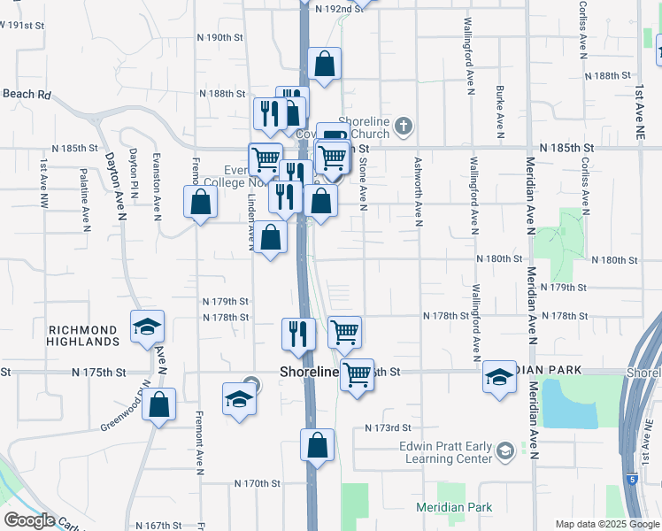 map of restaurants, bars, coffee shops, grocery stores, and more near 17990 Midvale Avenue North in Shoreline