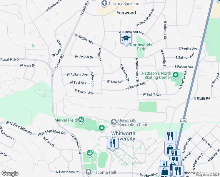 map of restaurants, bars, coffee shops, grocery stores, and more near 518 West Falcon Avenue in Spokane