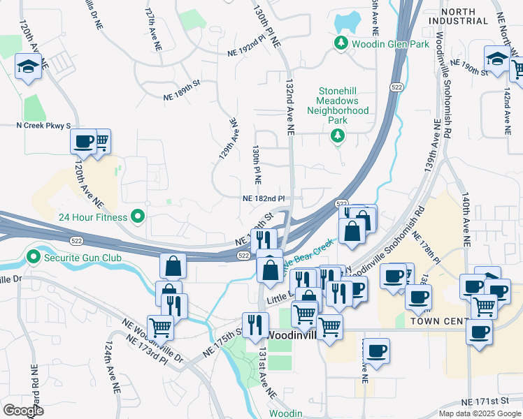 map of restaurants, bars, coffee shops, grocery stores, and more near 18221 130th Place Northeast in Bothell