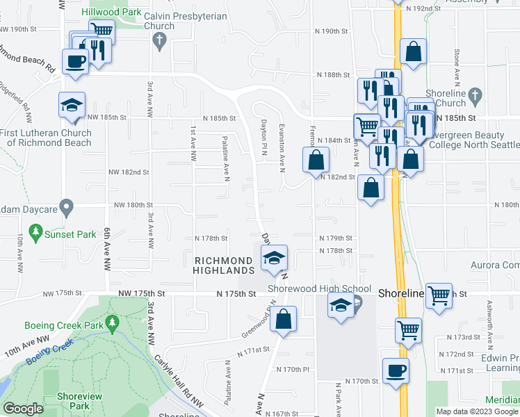 map of restaurants, bars, coffee shops, grocery stores, and more near 18021 Dayton Avenue North in Shoreline