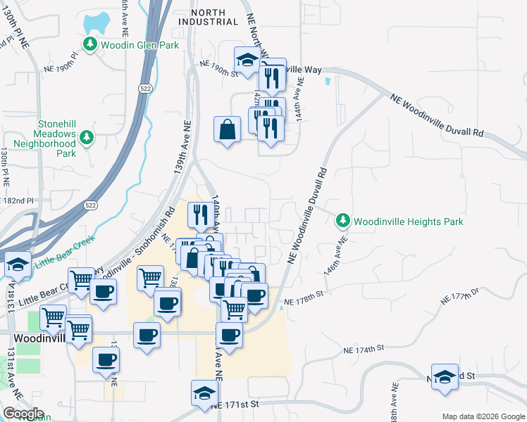 map of restaurants, bars, coffee shops, grocery stores, and more near 14124 Northeast 181st Place in Woodinville