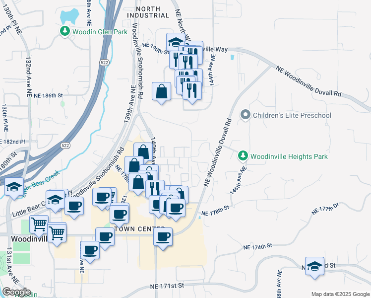 map of restaurants, bars, coffee shops, grocery stores, and more near 14124 Northeast 181st Place in Woodinville