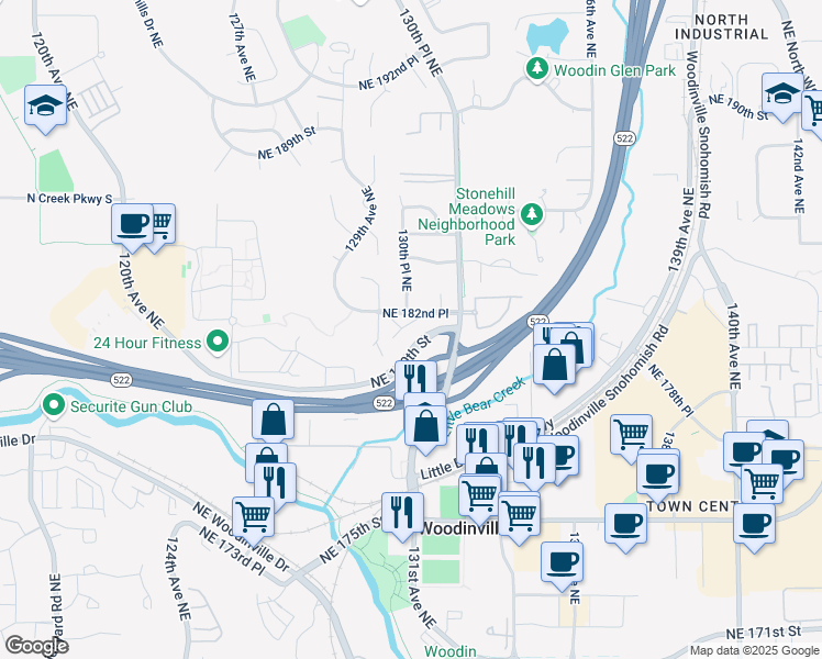 map of restaurants, bars, coffee shops, grocery stores, and more near 18221 130th Place Northeast in Bothell