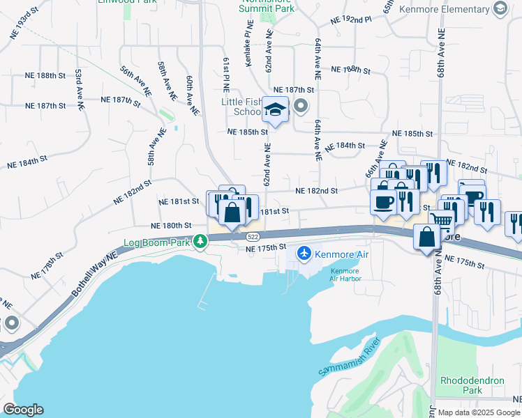 map of restaurants, bars, coffee shops, grocery stores, and more near 18121 62nd Avenue Northeast in Kenmore