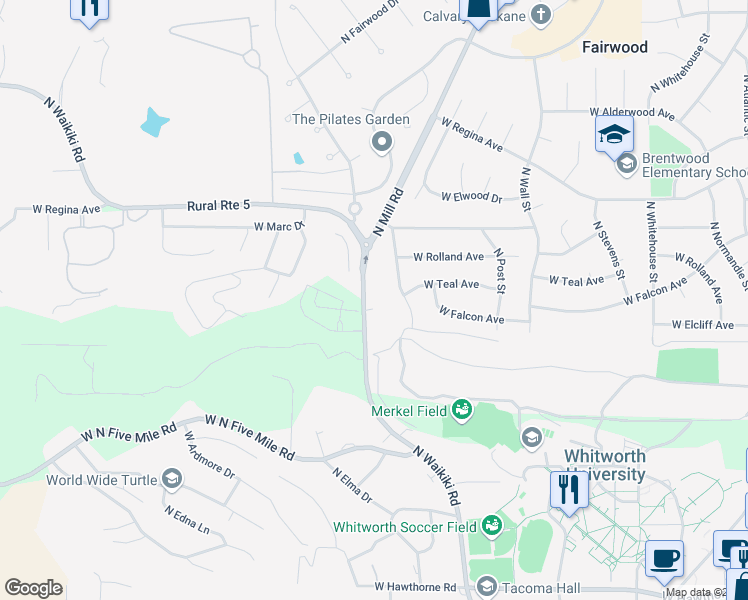 map of restaurants, bars, coffee shops, grocery stores, and more near 11208 North Waikiki Road in Spokane