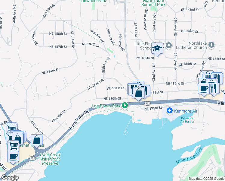 map of restaurants, bars, coffee shops, grocery stores, and more near 5817 Northeast 181st Street in Kenmore
