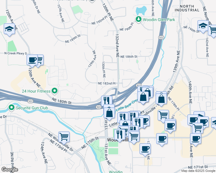 map of restaurants, bars, coffee shops, grocery stores, and more near 18219 131st Court Northeast in Bothell