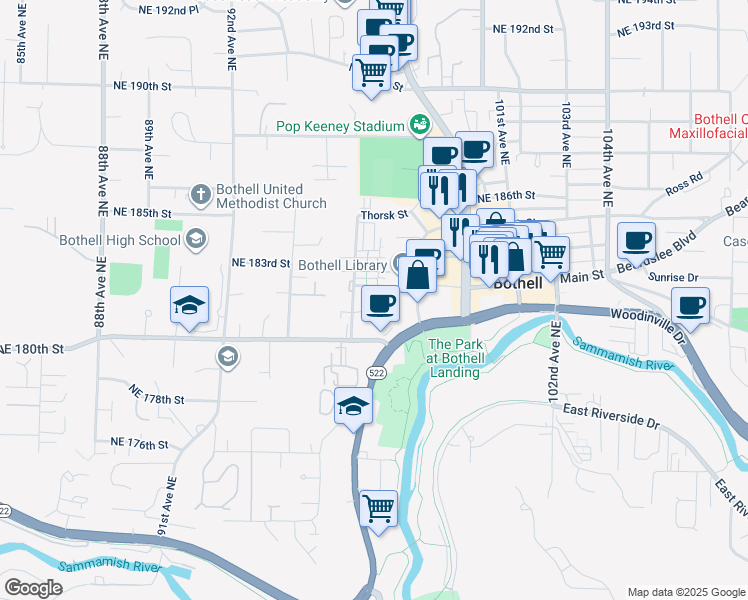 map of restaurants, bars, coffee shops, grocery stores, and more near 18120 97th Avenue Northeast in Bothell