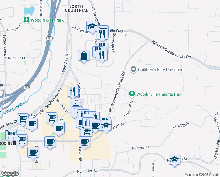 map of restaurants, bars, coffee shops, grocery stores, and more near 14221 Northeast 181st Place in Woodinville