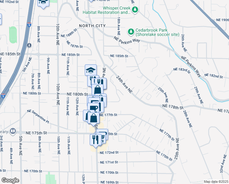 map of restaurants, bars, coffee shops, grocery stores, and more near 1706 Northeast 179th Street in Seattle