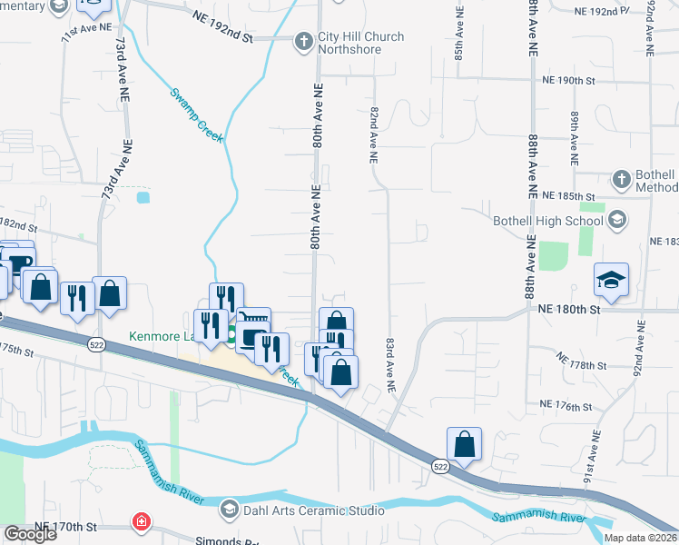 map of restaurants, bars, coffee shops, grocery stores, and more near 8041 Northeast 182nd Place in Kenmore