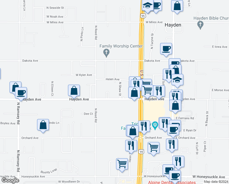 map of restaurants, bars, coffee shops, grocery stores, and more near 9715 North Shaw Street in Hayden