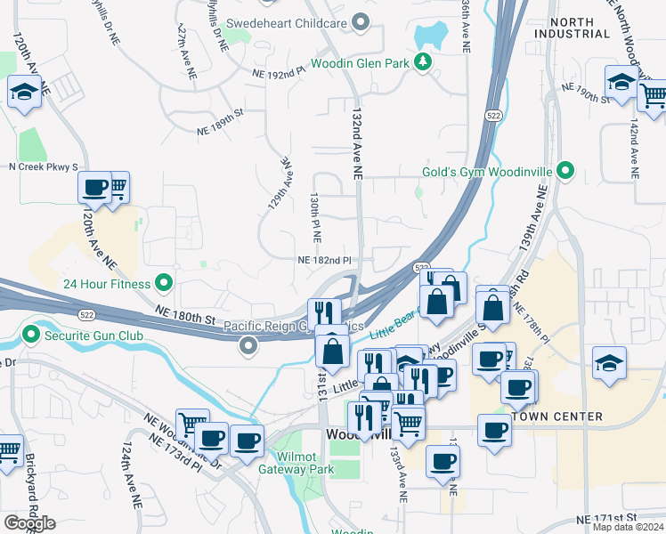 map of restaurants, bars, coffee shops, grocery stores, and more near 18219 131st Court Northeast in Bothell
