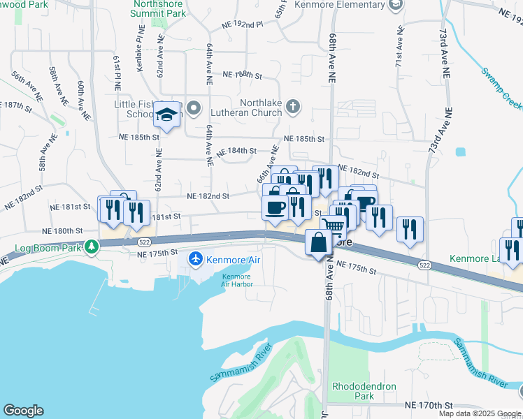 map of restaurants, bars, coffee shops, grocery stores, and more near 6453 Northeast 182nd Street in Kenmore