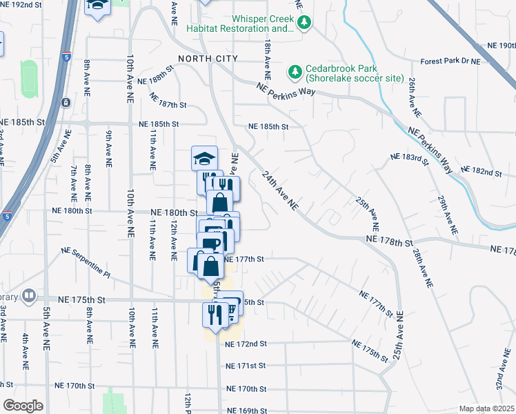 map of restaurants, bars, coffee shops, grocery stores, and more near 18012 15th Avenue Northeast in Shoreline
