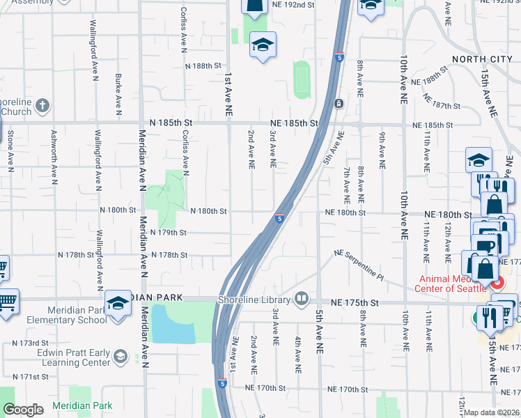 map of restaurants, bars, coffee shops, grocery stores, and more near 18010 2nd Avenue Northeast in Shoreline