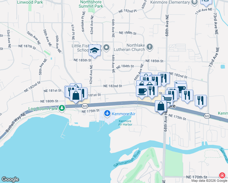 map of restaurants, bars, coffee shops, grocery stores, and more near 6330 Northeast 181st Street in Kenmore