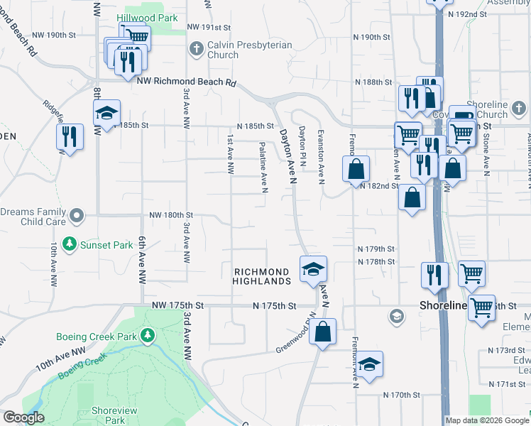map of restaurants, bars, coffee shops, grocery stores, and more near 802 Palatine Avenue North in Shoreline