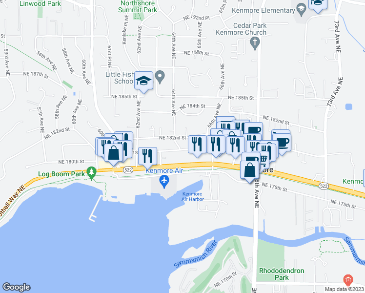map of restaurants, bars, coffee shops, grocery stores, and more near 6404 Northeast 181st Street in Kenmore
