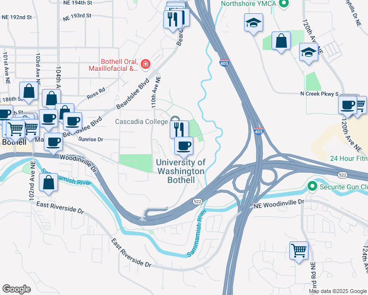 map of restaurants, bars, coffee shops, grocery stores, and more near 18220 Campus Way Northeast in Bothell